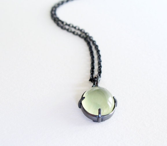 Oval Prehnite Minimal Neck Charm Oxidized Silver