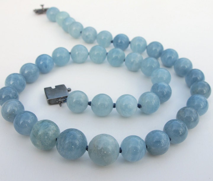 Blue Beryl Classic Necklace Hand Knotted Sterling Clasp