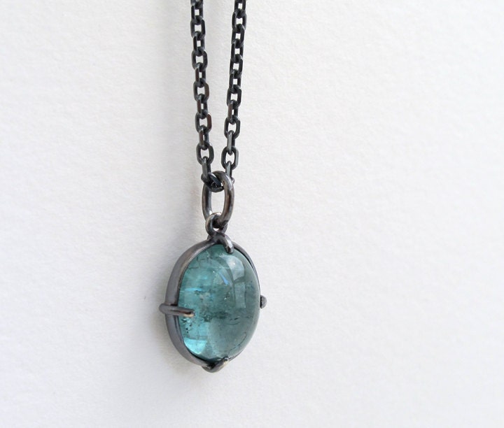 Aqua Tourmaline Cabochon Minimal Pendant Oxidized Sterling