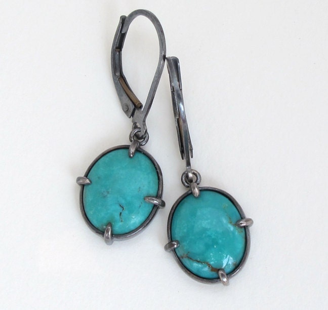 Turquoise Oval Dangle Earrings Oxidized Silver