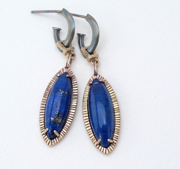 Lapis Egyptian Revival Deco Earrings Bronze