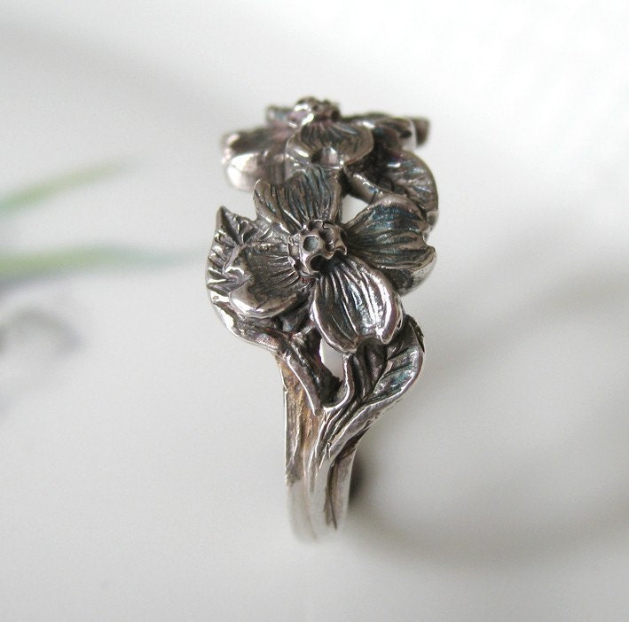 Dogwood Flower Ring Hand Finished Sterling Silver