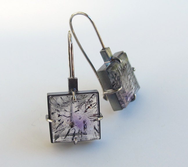 Rutilated Quartz Amethyst Modern Art Earrings Oxidized Silver