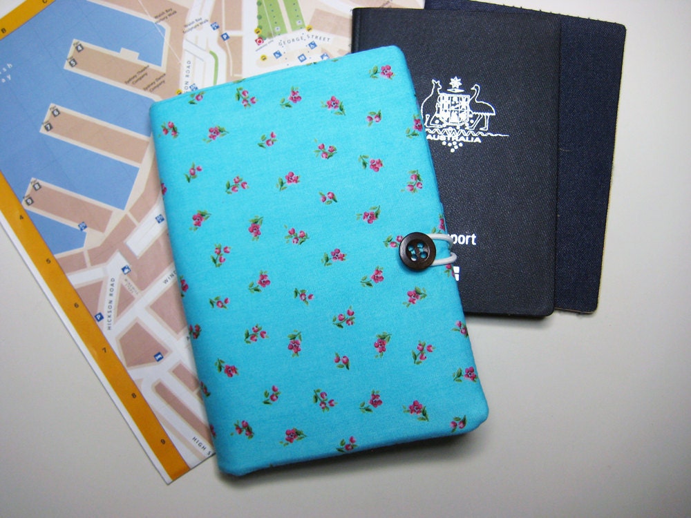 Passport Wallet, Travel Document Wallet, Farewell Bon Voyage Gift, Ticket Pouch in the Turquoise Floral Print Fabric