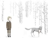 ORIGINAL ILLUSTRATION // Forest Encounters - boy without a face and wolf art print illustration
