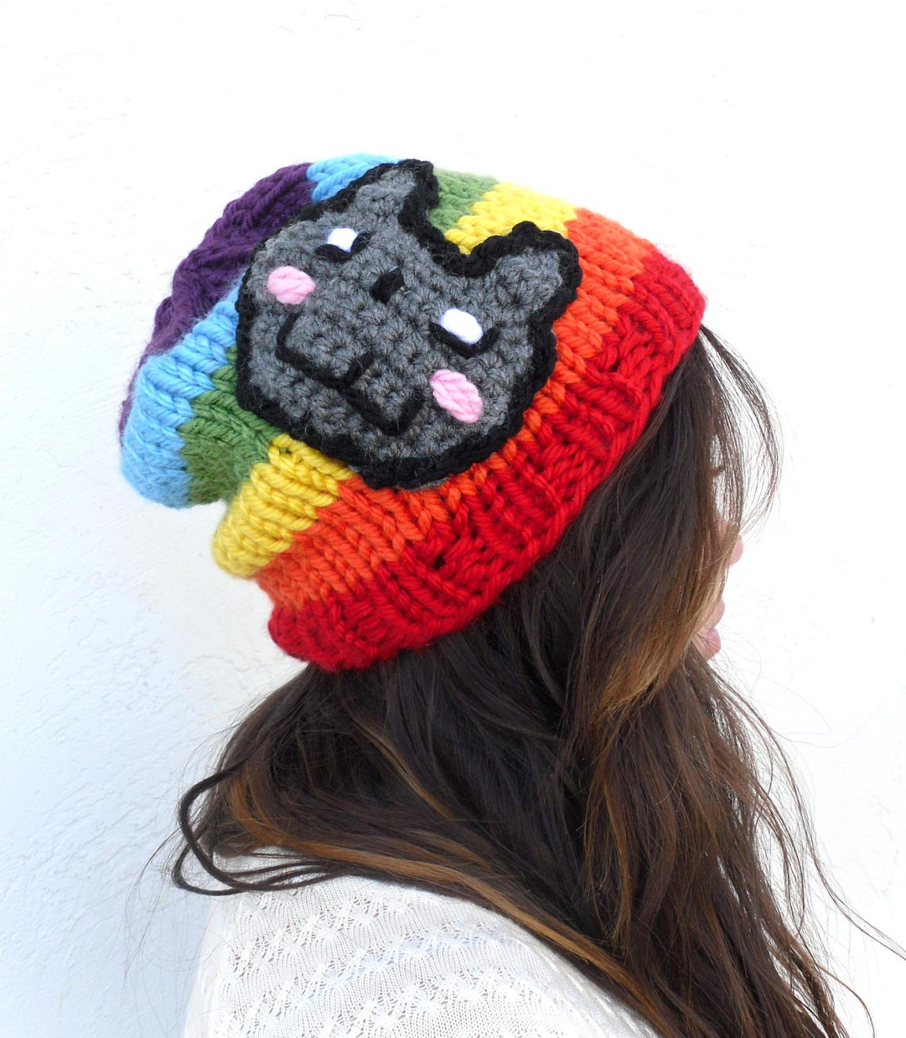 Nyan Cat - Pop Tart Cat - Rainbow Colored Beanie Slouch - Ready to Ship - Thick and Chunky by Tejidos on Etsy