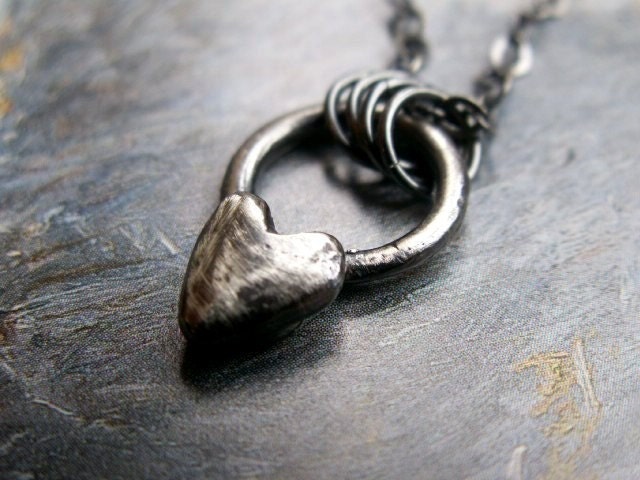Love is Patient - Silver Heart Pendant Necklace, Handmade Metalwork Jewelry in Sterling Silver, Unique Pendant in Gothic  or Steampunk Style