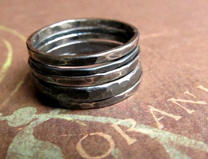 Five Rustic Artisan Stacking Rings in Oxidized Sterling Silver