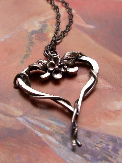 Floral Heart Pendant- Flower, Leaves, Vine, Sterling Silver Metalwork, Art Nouveau, Renaissance, Gothic