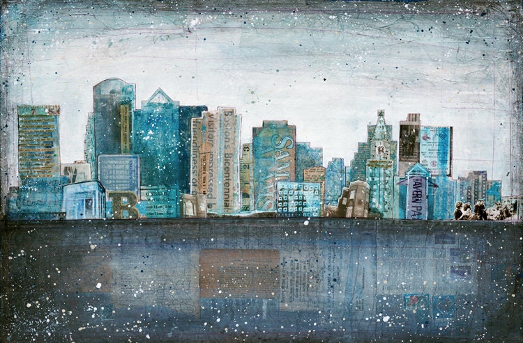 Dirty Water - large 24x16 paper print - mixed media Boston skyline painting collage, vintage paper blue grey typography urban - maechevrette