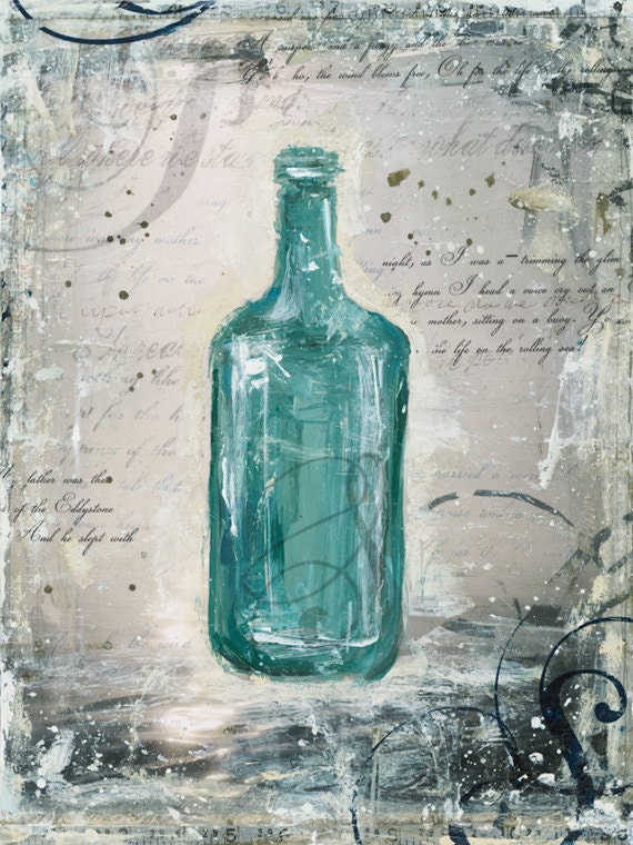 Found - 11 x 14 paper print - mixed media acrylic painting of vintage blue turquoise caribbean bottle, nautical ocean beach themed