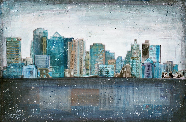 Dirty Water - large 24x16 paper print - mixed media Boston skyline painting collage, vintage paper blue grey typography urban