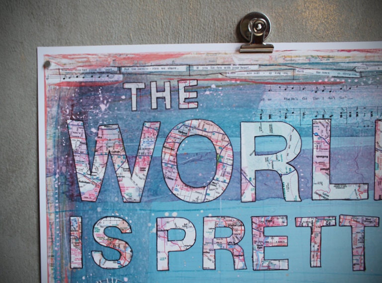 Huge 16 x 20 paper print - The World Is Pretty Amazing - inspirational artwork, pink, blue butterflies typography word art