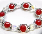 Red Facet Cut Jade, Crystal and Silver Bead Frame Stretch Bracelet