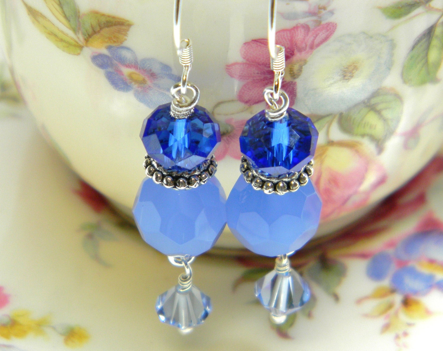Blue Jade, Facet Cut Crystal and Silver Earrings