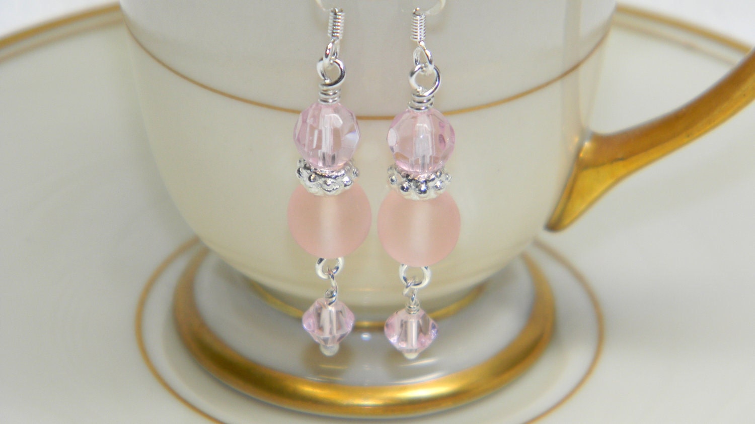 Pink Matt Glass, Facet Cut Crystal and Silver Earrings