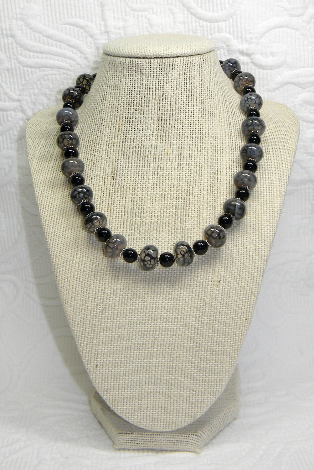 Black Dragon Fire Agate, Black Onyx and Silver Necklace