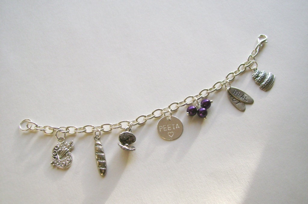 Hunger Games Peeta charm bracelet inspired by The Hunger Games movie and books with bread nightlock berries real not charms