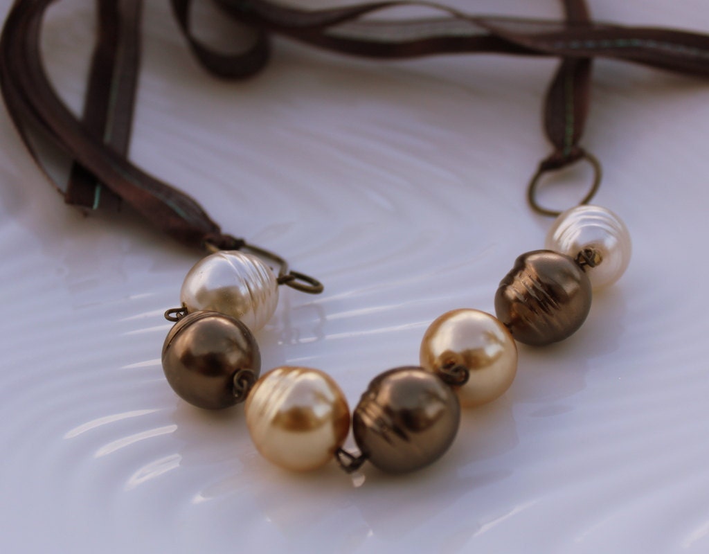 Romantic Pearl and Ribbon Necklace - Brown Pearl Necklace - DreamzBoutique