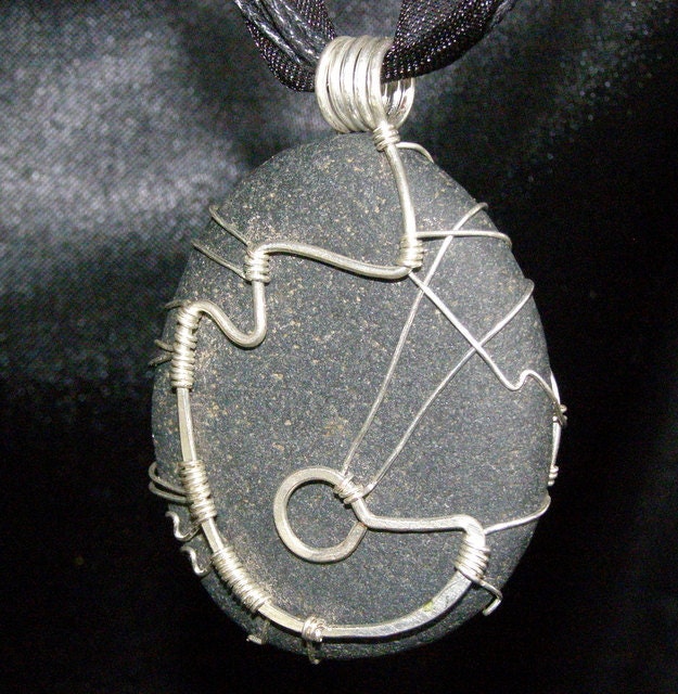 SILVER SUN Natural Beach stone wire wrap handmade reversible pendant