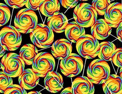 RJR Fun Food Mixed COLORFUL LOLLIPOPS Lollipop Candy Fabric 1 Yard