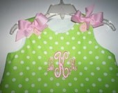 Green Polka Dot A-line dress with Pink Free Monogram Sz 3mo-4T