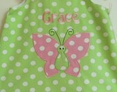 Green Polka Dot A-line Dress with Butterfly Applique Free monogram and shoulder bows. Size 3mo-4T