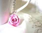 Baby pink polymer clay rose silver necklace