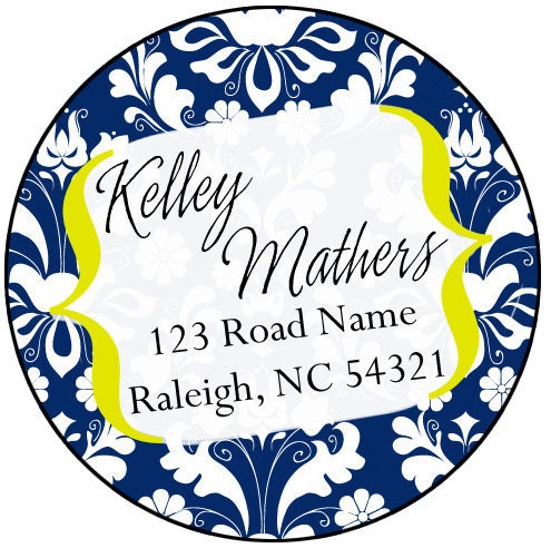 Navy Damask Personalized Address Labels or Stickers (Set of 24)