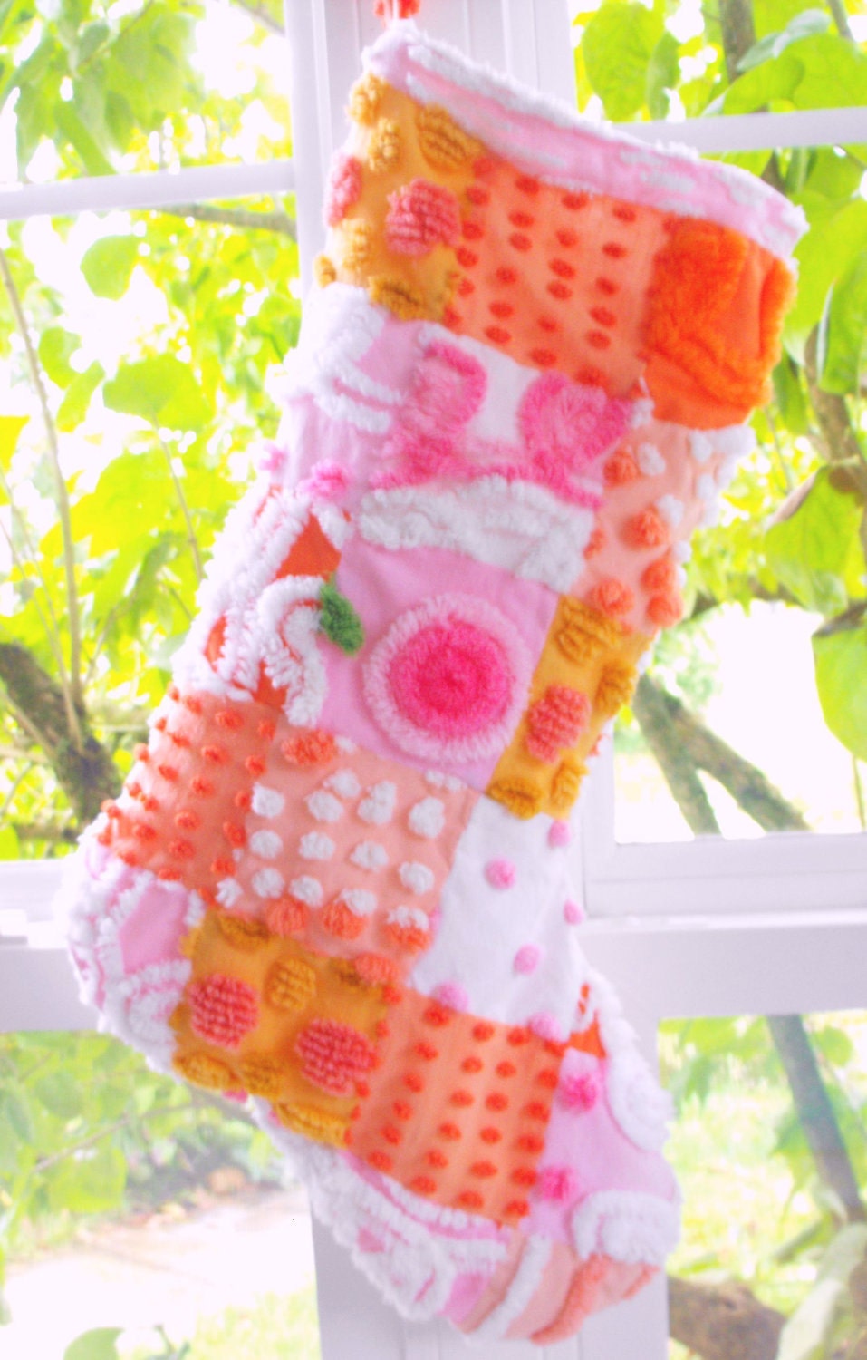 COMFY COTTAGE CHRISTMAS Stocking Vintage Chenille Patchwork Pink Orange