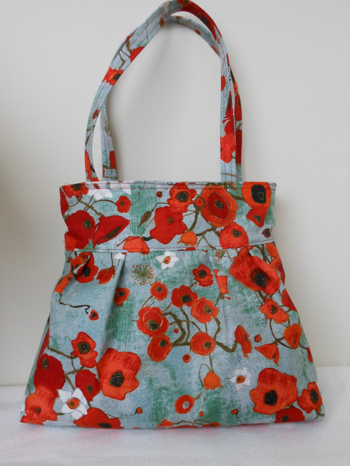 Pleated Hobo Shoulder Bag - Large Poppies in Teal