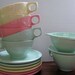 Boonton Melmac Vintage Cream Sugar Cups Saucers Mint Green, Soft Yellow, Pastel Pink