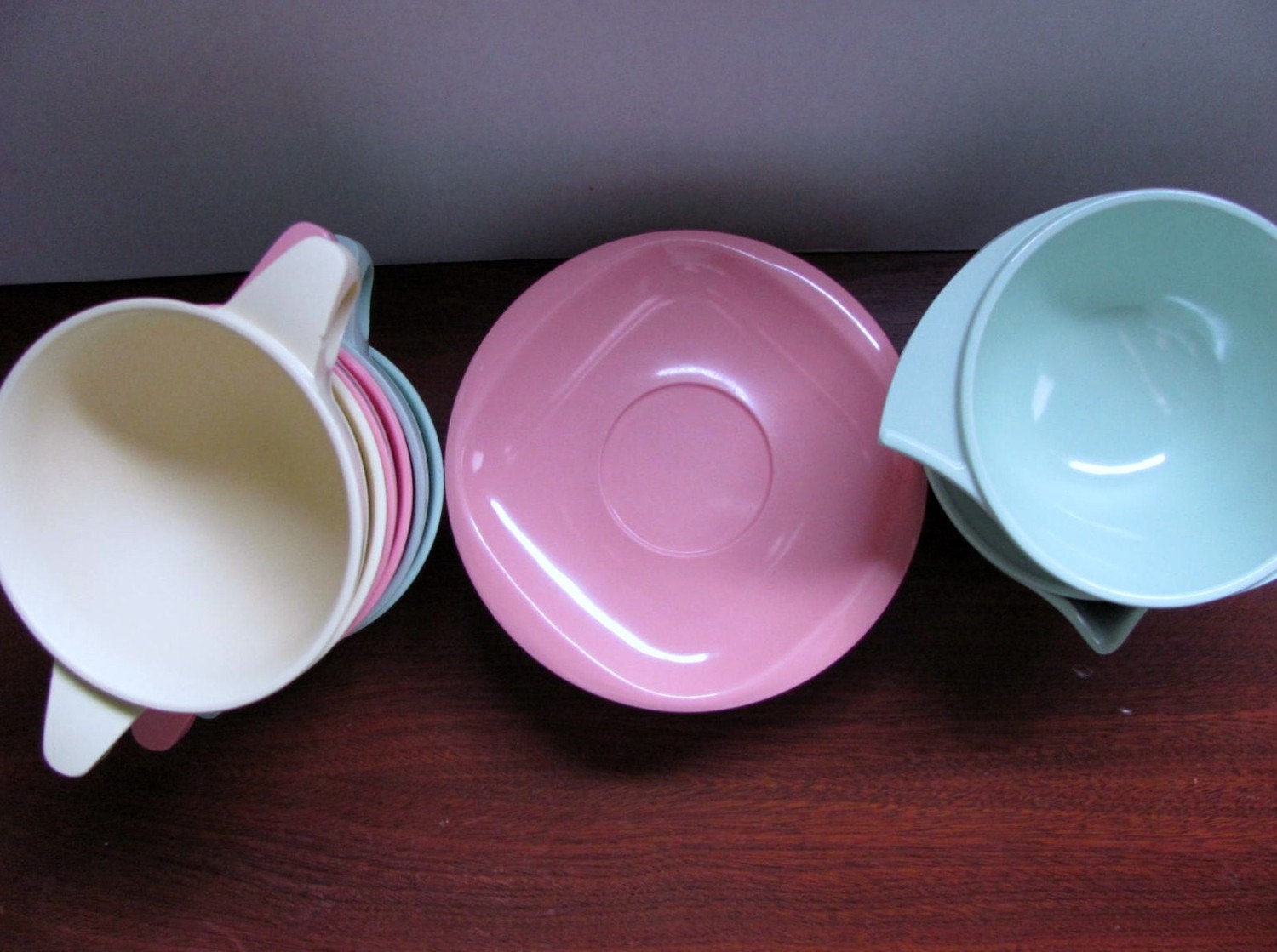 Boonton Melmac Vintage Cream Sugar Cups Saucers Mint Green, Soft Yellow, Pastel Pink