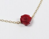 Coral Rose Necklace, Carved Genuine Red Coral Rose Necklace - Gold Filled