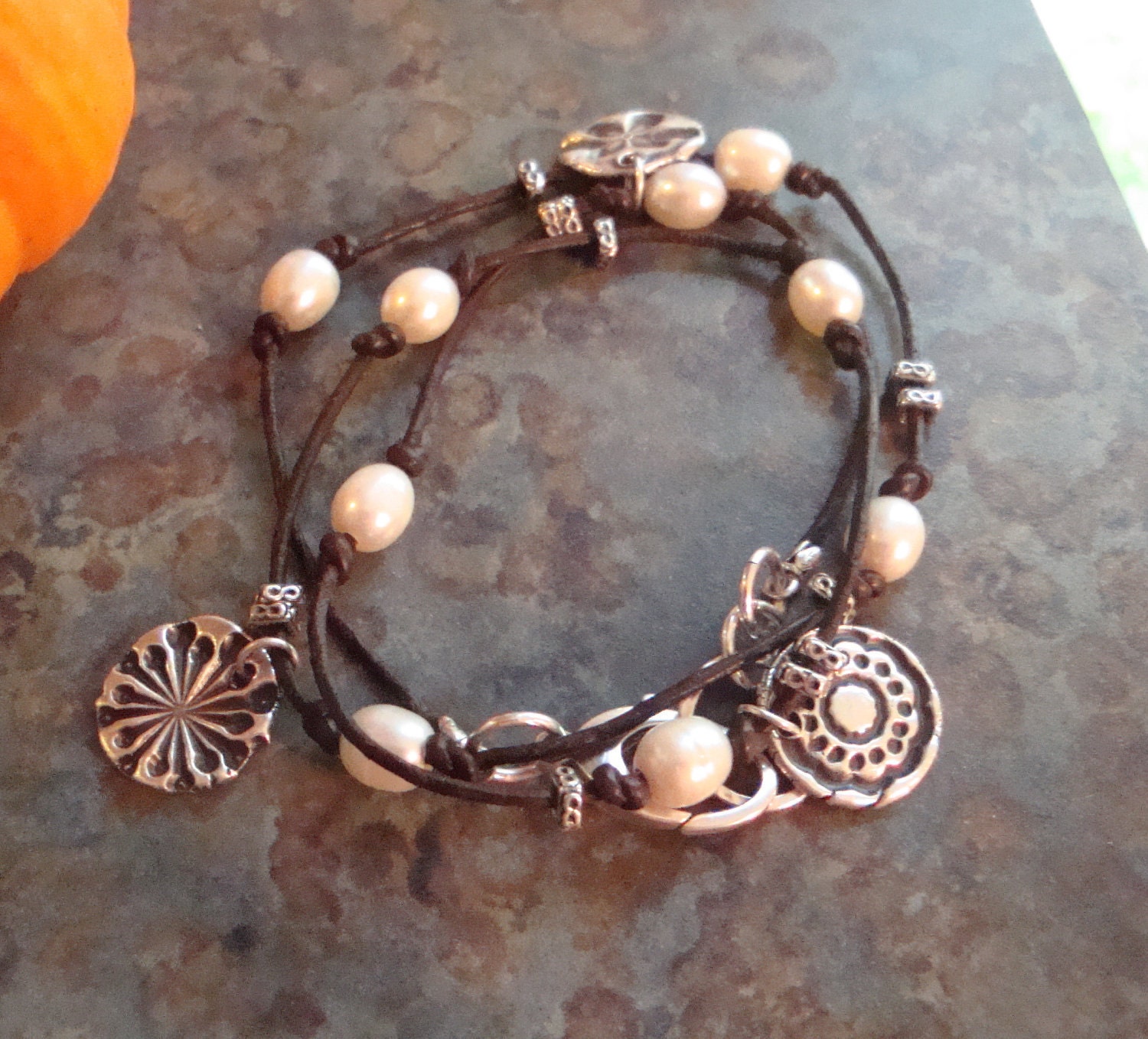 Recycled Fine Silver Triple Charm Leather Pearl Sterling Fashion Wrap Bracelet Necklace June Birthstone Square Infinity Organic Brown Rusti
