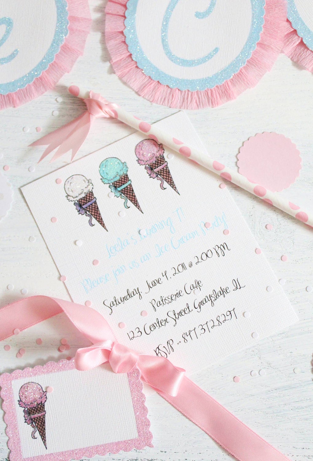 Ice cream cones invitations, note cards, cupcake flags, gift tags