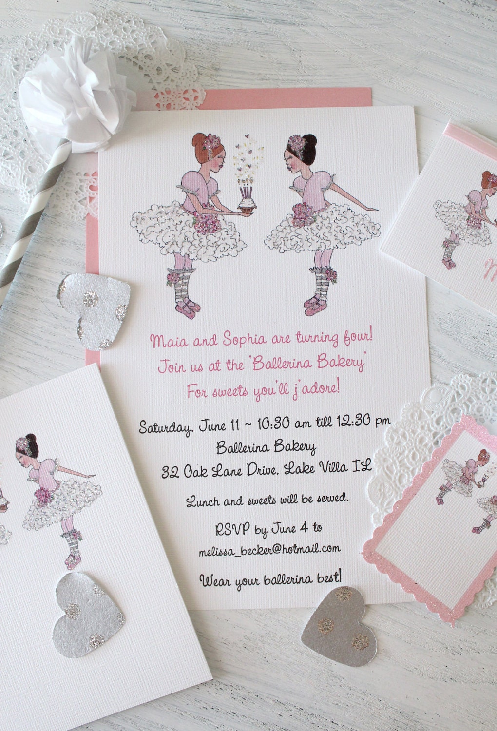 Ballerina Bakery invitations, note cards, cupcake flags, gift tags and letter garland