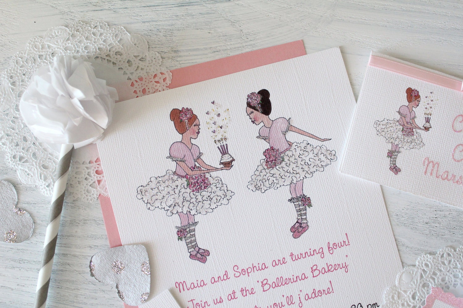 Ballerina Bakery invitations, note cards, cupcake flags, gift tags and letter garland