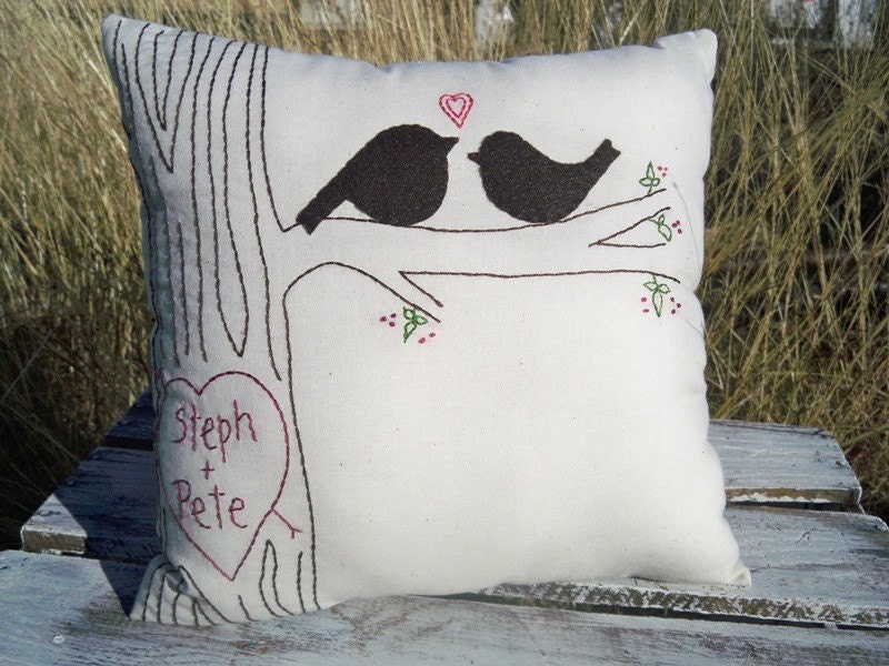Large Personalized Love Bird Pillow with Faux Bois Stitching