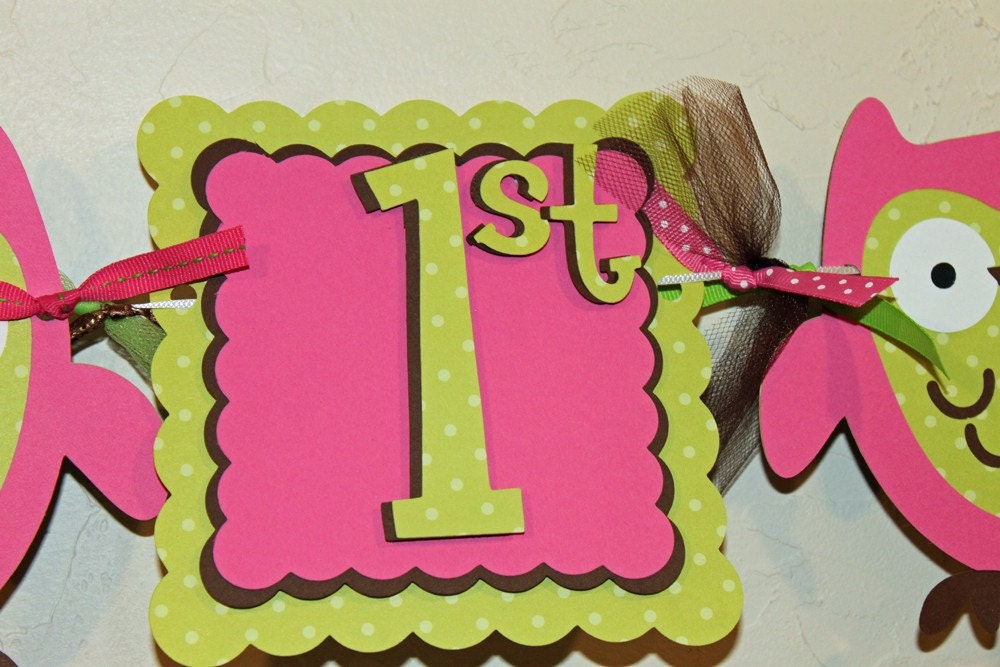 Owl Happy Birthday and age Banner Pink, Green, and Brown