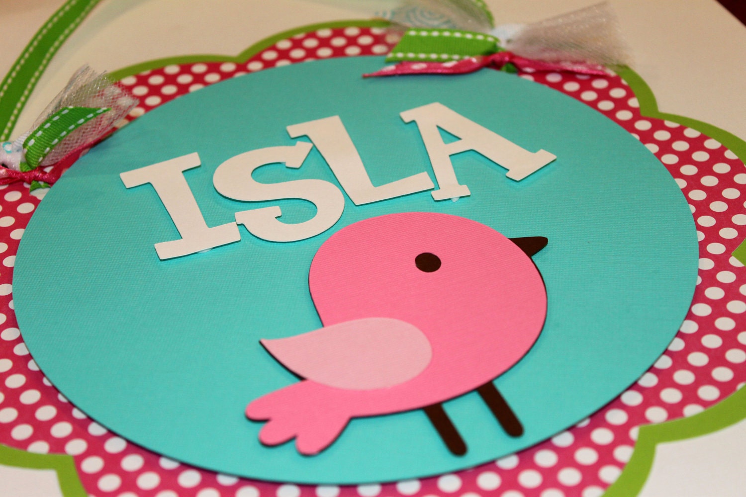 Bird Pink Green and Turquoise Birdie Name Polka Dot Sign Shabby Chic Birthday Decorations Baby Shower