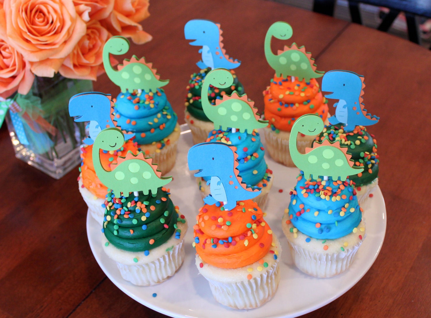 Dinosaur Cupcake Toppers Lime Green Orange and Turquoise Blue Boy Dino Birthday Party Decorations