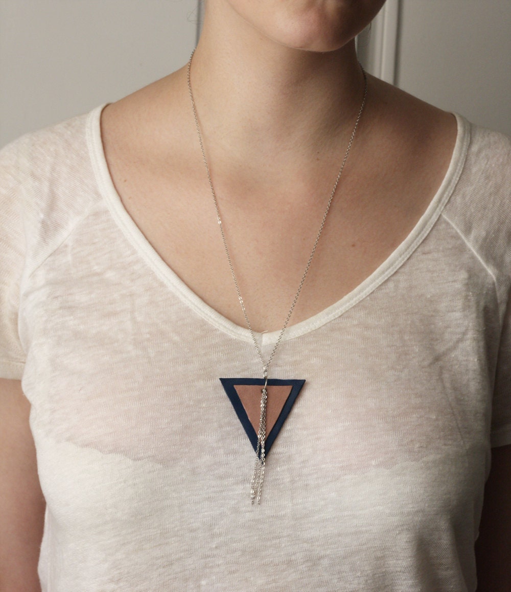Geometric leather reversed triangle necklace - old pink & dark blue