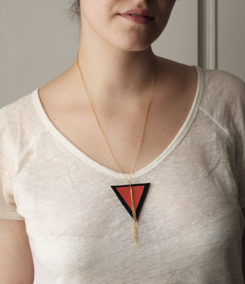 Leather reversed triangle necklace - coral & black
