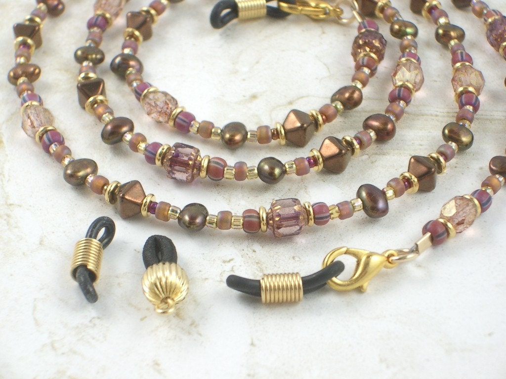 Eyeglass Chain - Desert Sunset with Coppery Browns, Golds, Terracotta, Amber, and Lavender - Extra Ends Included