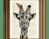 Giraffe Art Print Giraffe with Butterfly illustration beautifully upcycled dictionary page book art print