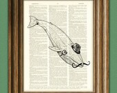 Monocle and mustachioed BLUE WHALE illustration beautifully upcycled dictionary page book art print