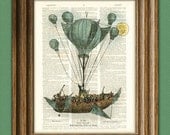 A Stagecoach to the moon DIRIGIBLE balloon illustration dictionary page book altered art print