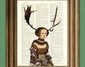 Woodlands Antler Girl illustration beautifully upcycled dictionary page book art print