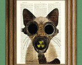 Art Steampunk Print Fallout Kitten Post Apocalyptic gas mask cat illustration beautifully upcycled dictionary page book art print